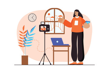 Video blogging orange concept with people scene in the flat cartoon style. Girl is recording a new video for the blog at home. Vector illustration.