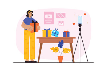 Video blogging concept with people scene in the flat cartoon design. Blogger records a video review of gifts for her followers. Vector illustration.