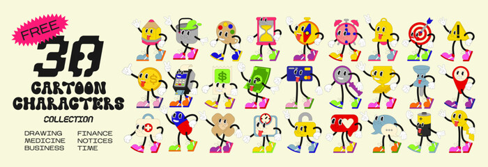 Big set retro cartoon stickers with funny comic characters, gloved hands. Modern illustration with cute comics characters. Hand drawn doodles of comic characters. Set in modern cartoon style