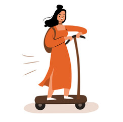 Happy young woman on scooter. E-scooter and kick-scooter for rent. Hand drawn flat vector illustration