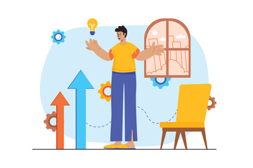 Searching opportunities concept with people scene in the flat cartoon design. Ambitious man is looking for opportunities to implement his ideas. Vector illustration.