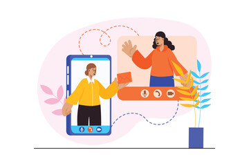 Video chatting concept with people scene in the flat cartoon design. Girl sends a letter to a friends during a video chat. Vector illustration.