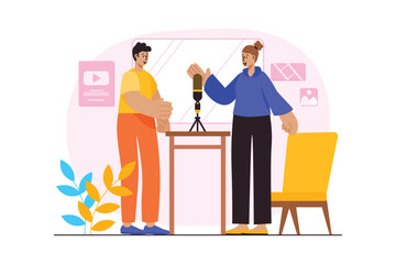 Pink concept Podcast streaming with people scene in the flat cartoon style. Two bloggers record a podcast live on YouTube. Vector illustration.