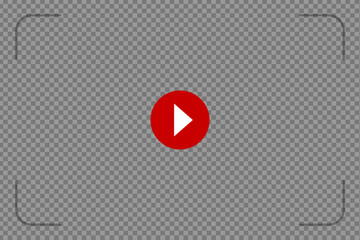 Play video red sign on transparent background with round play button. Vector semitransparent layer for videoplayer design