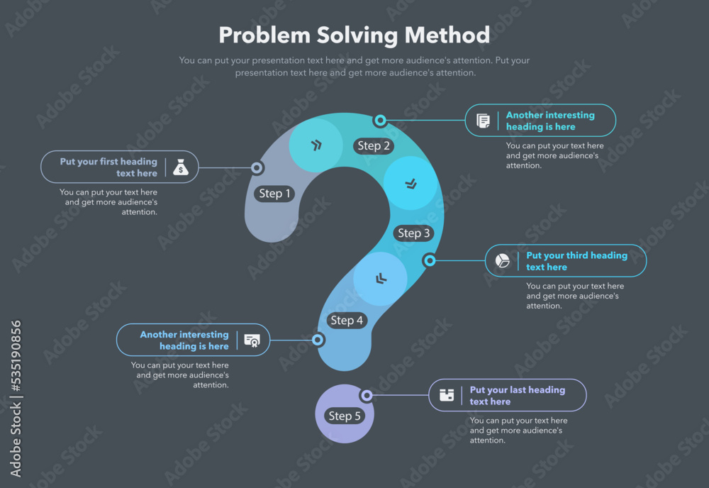 Aufkleber Problem solving process template with five steps and question mark as a main symbol - dark version.	