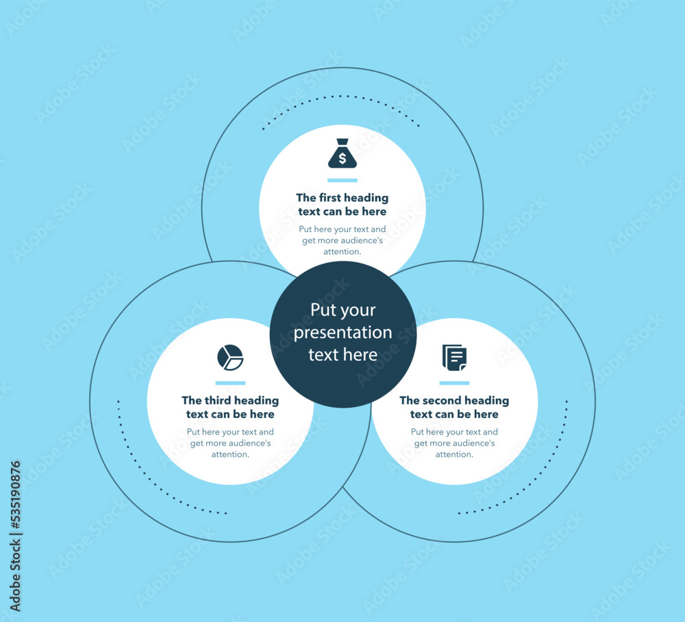 Poster simple business process template with three stages - blue version. slide for business presentation.