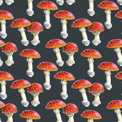 Seamless pattern of hand-drawn red fly agarics on a dark background. For fabric, sketchbook, wallpaper, wrapping paper.