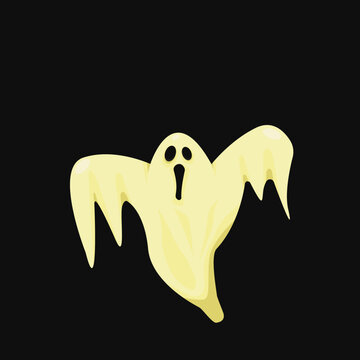 White halloween cartoon flying ghost with scary face on black background. Vector illustration