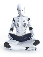 Fototapeta 3D rendering of robotic woman sitting down reading. obraz