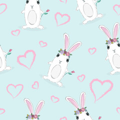 Seamless childish pattern with bunny, flowers and hearts. Creative kids texture for fabric, wrapping, textile, wallpaper, apparel. Vector illustration