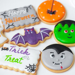 Happy Halloween with funny Cookies; Pumpkin, scary ghost, spooky mummy, bat, frankenstein, dracula and spider. Trick or Threat, Hello October, fall autumn, Traditional, party and holiday concept