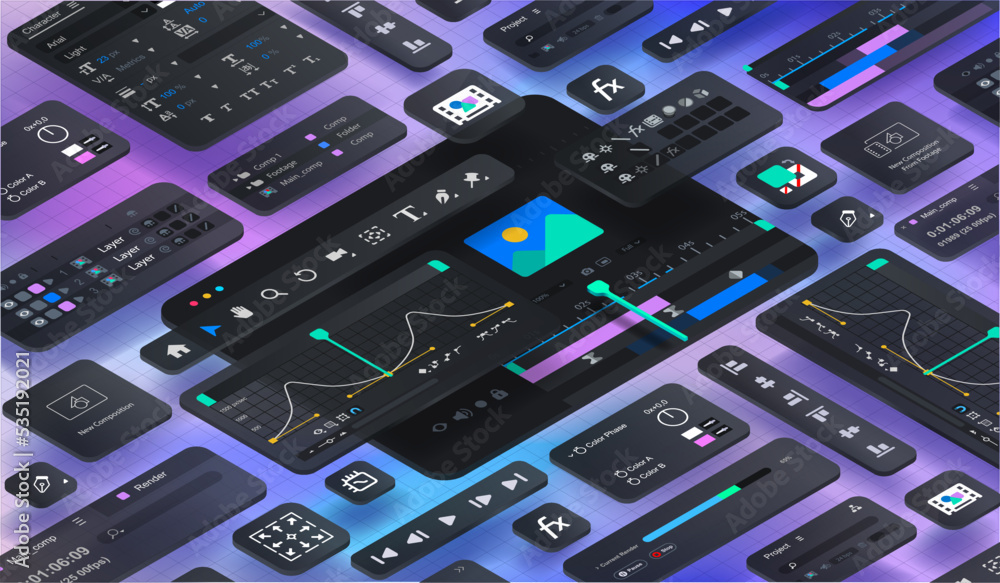 Poster isometric 3d background in the form of a software windows for a motion designer. variety of graphica