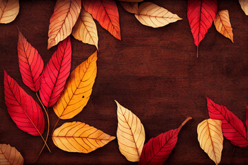 Autumnal Backgrounds Vibrant Autumn Leaves With Copy Space Wooden Background 
