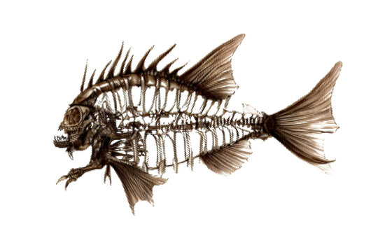 Fantastic fish skeleton. Sea monster. Halftone Vector illustration. Isolated on white background.