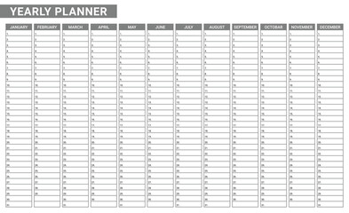 Yearly calendar empty planner template. List of task monthly written on paper
