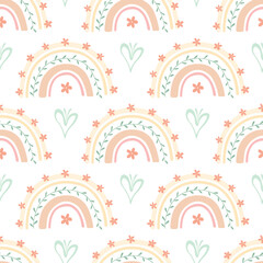 Cute rainbows in boho style with floral motif. Doodle seamless pattern with abstract elements. Pastel beige and green minth colors. Vector background for cards and children illustrations, kids bedroom