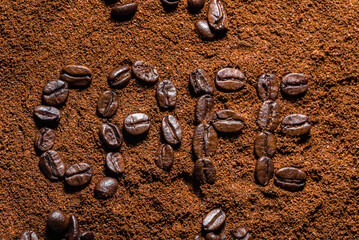 Banner with cafe sign on ground coffee background.
