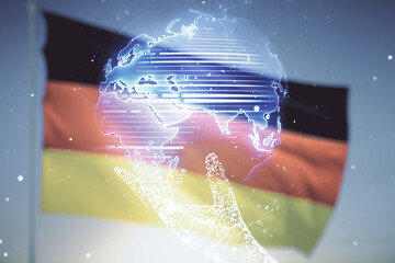 Double exposure of abstract digital world map on German flag and blue sky background, research and strategy concept