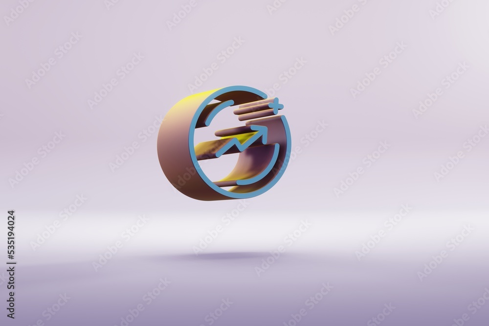 Poster beautiful illustration blue coin arrow up symbol icons on a bright pink background. 3d rendering ill