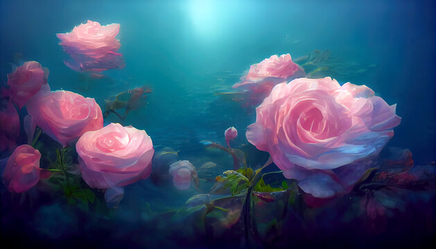 Blue sea with pink roses