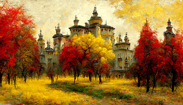 Abandoned Gothic castle, beautiful autumn.