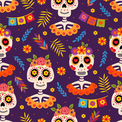 seamless pattern with  skeleton of a Mexican woman 
