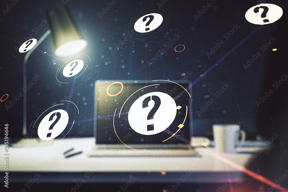 Aufkleber creative abstract question mark hologram on modern computer background, future technology concept. m