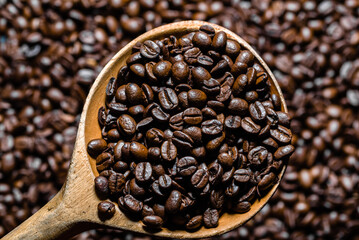 Fototapeta premium Freshly roasted coffee beans in wooden scoop. Black coffee background.