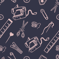 Seamless pattern with sewing tools linear icons scattered on white background. Outline seamstress supplies for tailoring and needlework. Handmade kids clothes wrapping paper design.