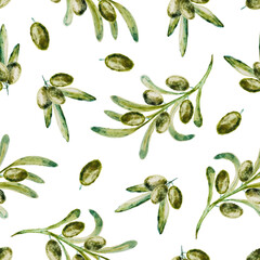 Seamless pattern with green olive branches on white background. Hand drawn watercolor illustration.