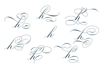 Set of beautiful calligraphic flourishes on letter h isolated on white background for decorating text and calligraphy on postcards or greetings cards. Vector illustration.