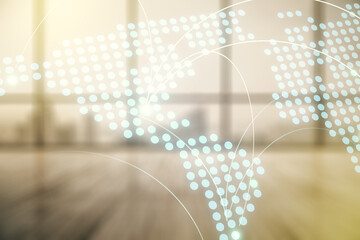 Abstract virtual world map with connections on empty corporate office background, international trading concept. Multiexposure