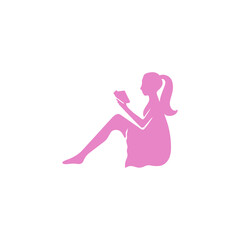 Obraz na płótnie Canvas Silhouette of a girl sit on a ground enjoy reading a book isolated on white background vector illustration.
