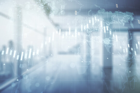 Double exposure of abstract creative financial chart hologram and world map on empty modern office background, research and strategy concept - Powered by Adobe