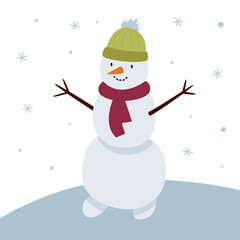 Snowman with a green hat and red scarf on a white background with snowflakes. 