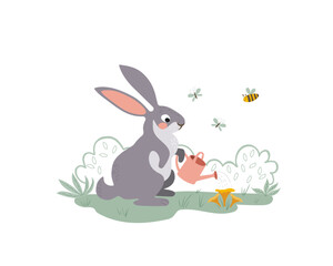 A cute bunny is watering the garden from a watering can. The rabbit is growing mushrooms. Vector hand drawn illustration 