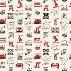 Vector seamless pattern with postage stamps and handwritten inscriptions on UK and London theme in retro style. Can be used as wallpaper or wrapping paper, background