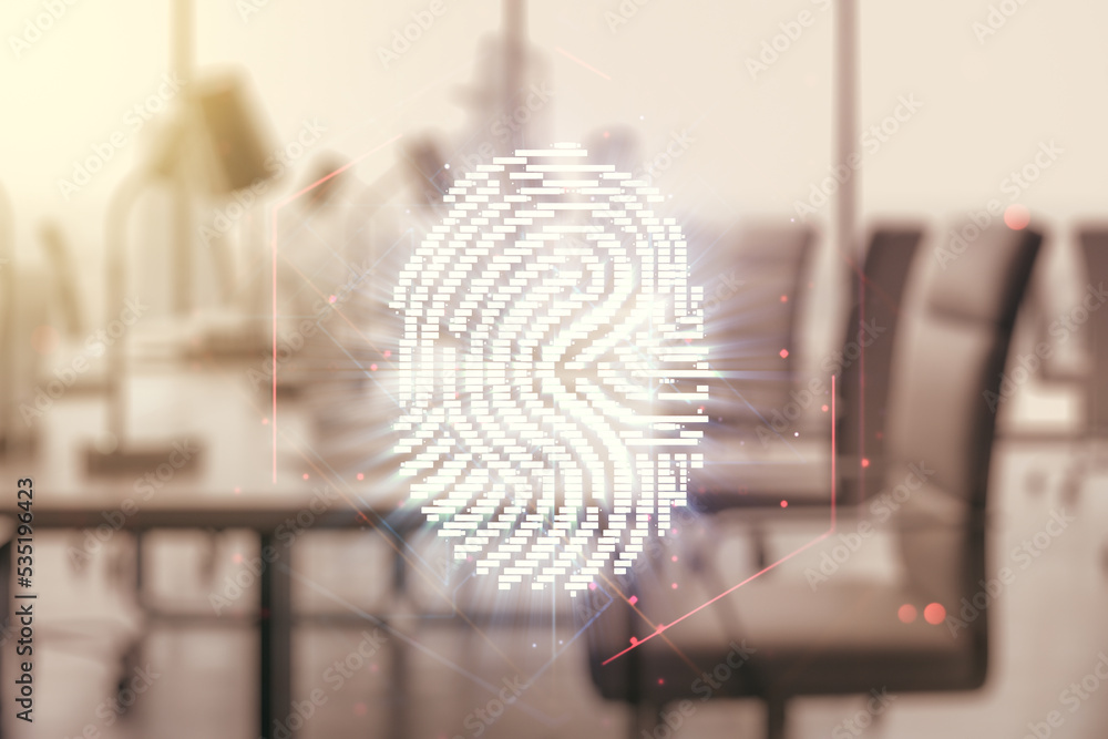 Poster Multi exposure of virtual graphic fingerprint sketch on a modern furnished classroom background, fingerprint scan data concept