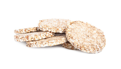 Many crunchy buckwheat cakes on white background