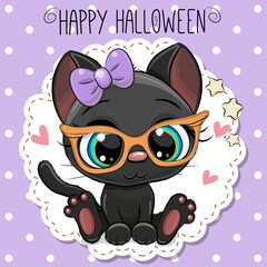 Fototapeta premium Cute Cartoon Black kitten with glasses