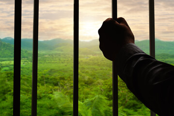 Silhouette of a man's hand in a prison behind a steel cage holding a cage. with natural mountain and river background views. Freedom and help concept.
