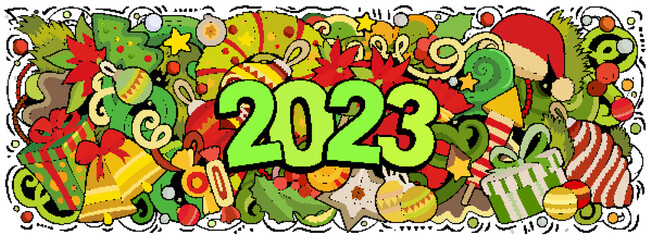 2023 doodles horizontal illustration. New Year objects and elements poster