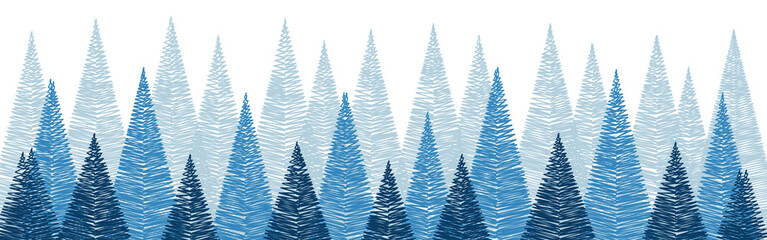 Abstract Christmas trees - transparent background. Panoramic banner. PNG illustration