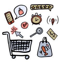 Online shopping hand drawn doodle icons set