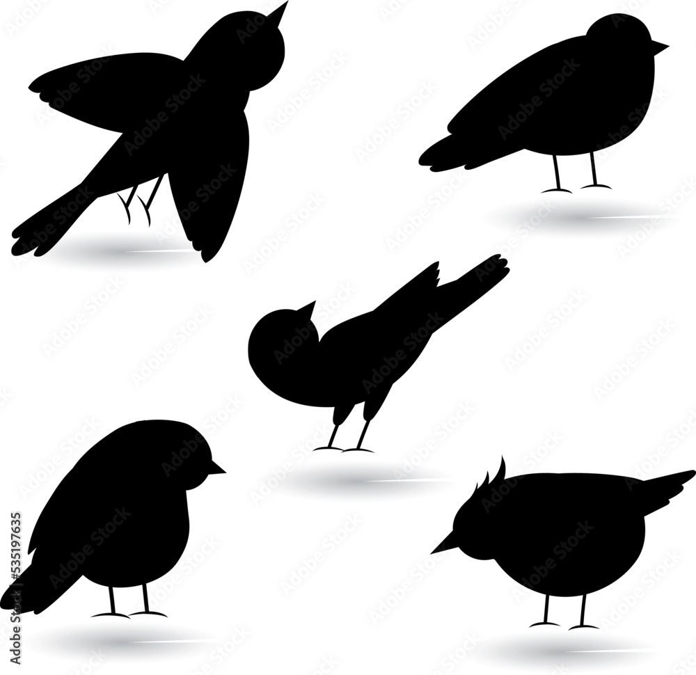 Poster Set of cartoon birds  style hand drawn flat funny birds silhouettes 