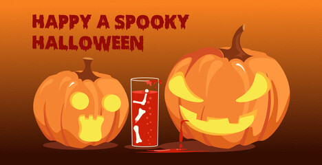 Halloween Party poster. Pumpkins laugh ominously and drink bloody cocktail