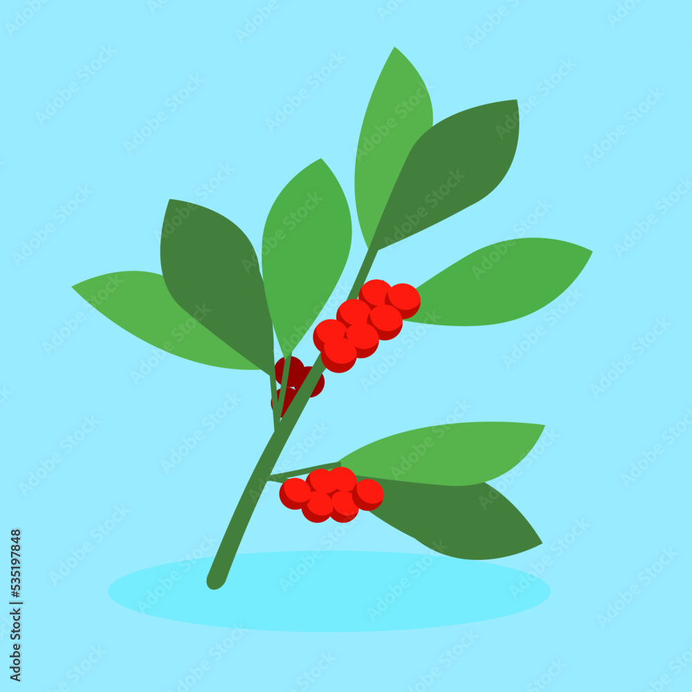 Sticker green branch with red berries