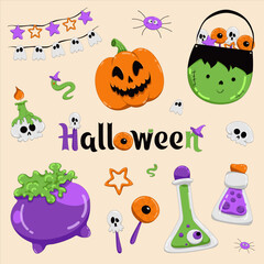 Halloween elements collection With pumpkin, sweets, magic potion, festive worm and spider, tincture in bottles, scary garland, creepy candle on skull, flat vector illustration
