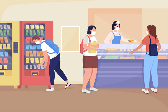 School cafe flat color raster illustration. Teenager in mask near vending machine buying snacks. Students buying food from lunch lady 2D cartoon characters with food counter on background