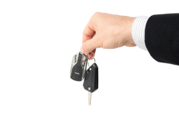Businessman holding car key, isolated